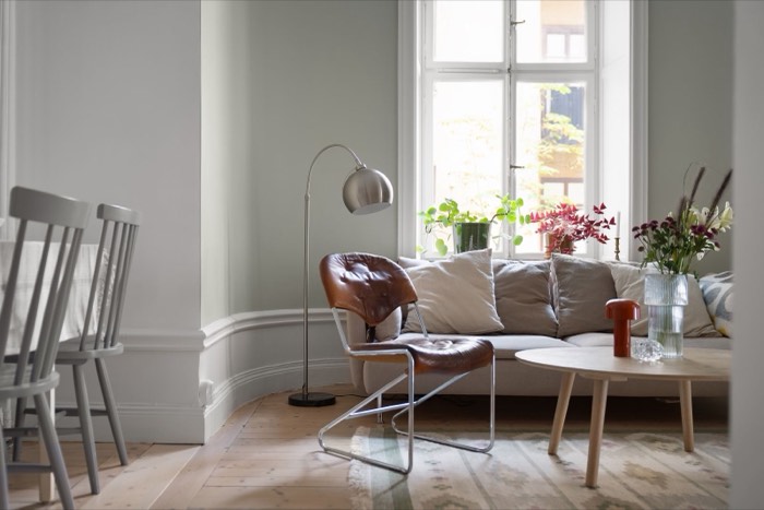 Scandinavian living room, herringbone oak